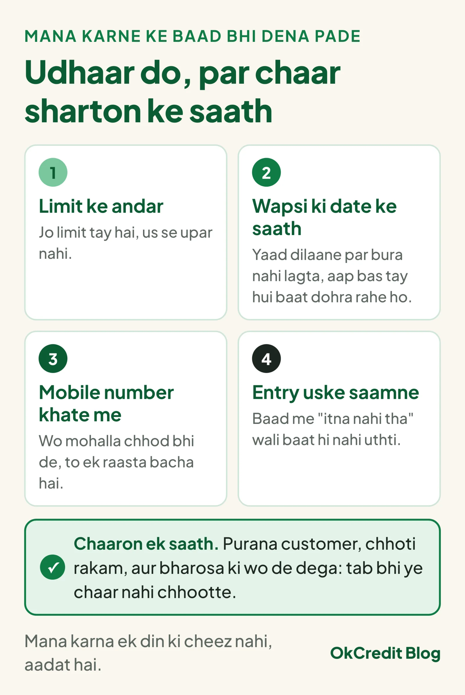 Mana karne ke baad bhi udhaar dena pade to chaar sharten: limit ke andar, wapsi ki date ke saath, mobile number khate me, aur entry customer ke saamne. Har shart ke neeche uski wajah.