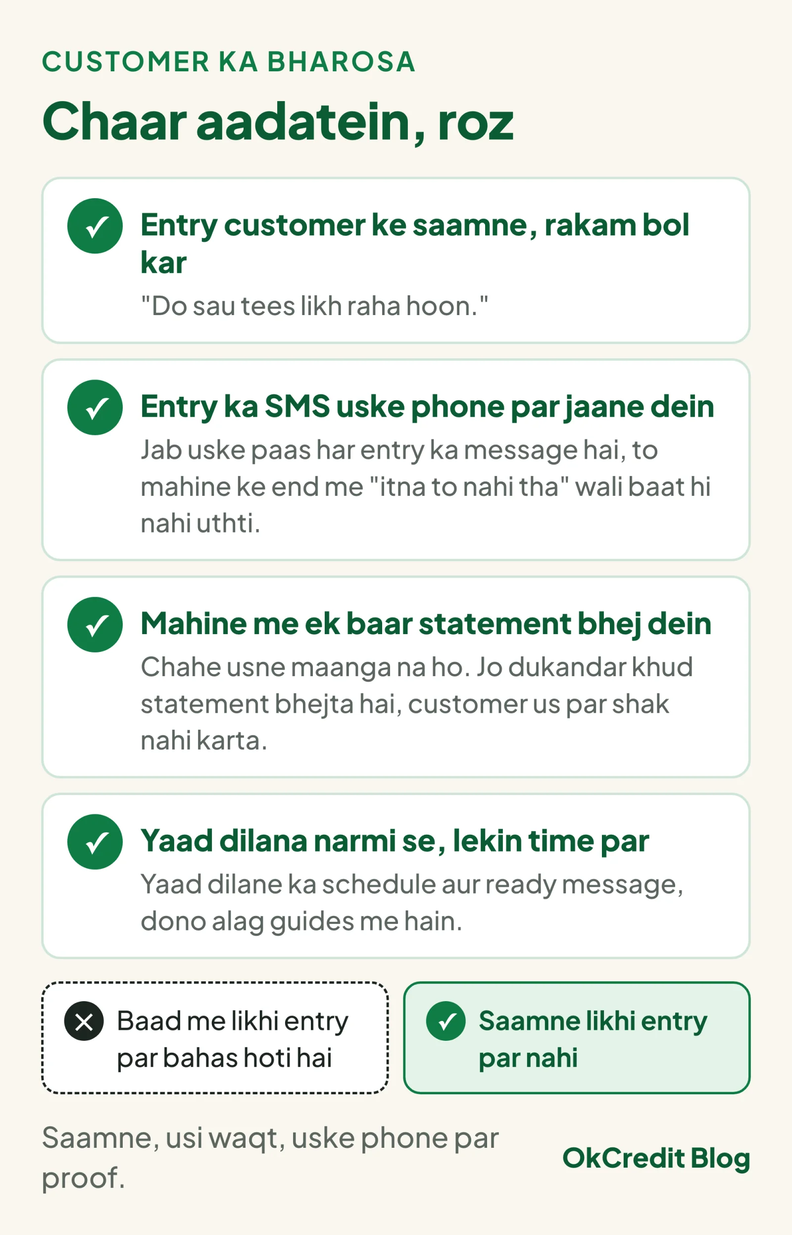 Customer ka bharosa banane ki chaar roz ki aadatein: entry customer ke saamne rakam bol kar, entry ka SMS uske phone par, mahine me ek baar statement, aur yaad dilana narmi se lekin time par; neeche tulna ki baad me likhi entry par bahas hoti hai, saamne likhi entry par nahi.