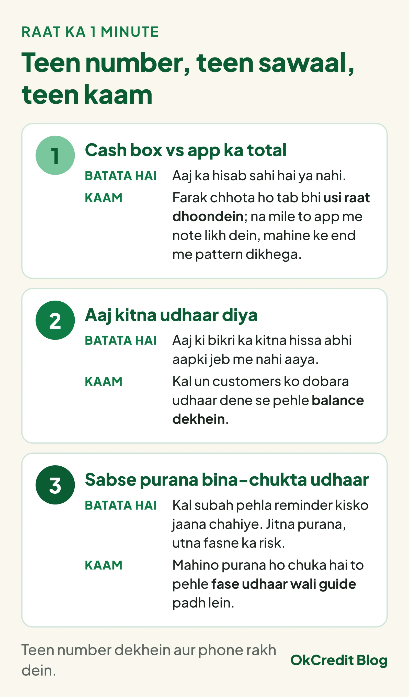 Raat ko dekhne ke teen number, har ek ke saath woh kya batata hai aur kal ka kaam: cash box vs app ka total batata hai aaj ka hisab sahi hai ya nahi, farak usi raat dhoondein; aaj diya gaya udhaar batata hai bikri ka kitna hissa jeb me nahi aaya, kal balance dekh kar udhaar dein; sabse purana bina-chukta udhaar batata hai kal pehla reminder kisko jaana chahiye.